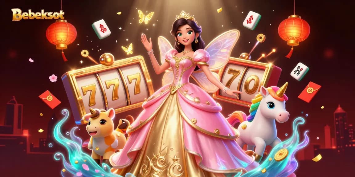 Bebekslot enhances your gaming experience with a glamorous princess and golden unicorn, surrounded by vibrant slot game elements.