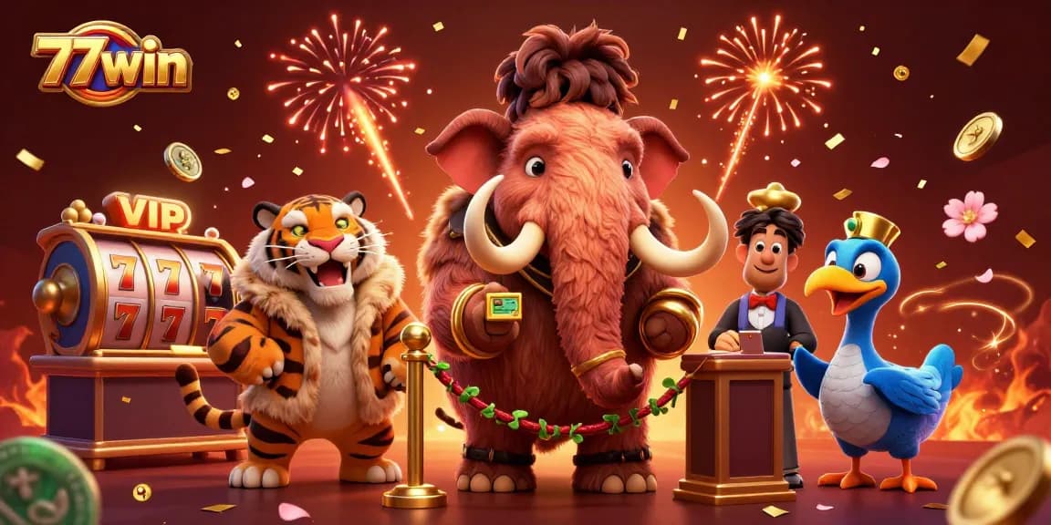 Join the fun at 77win as a saber-tooth tiger VIP enters a vibrant casino scene filled with excitement.