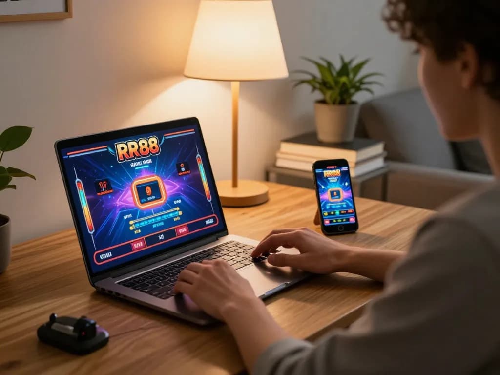 Engaging in RR88 online casino games on a laptop while enjoying a cozy home atmosphere.