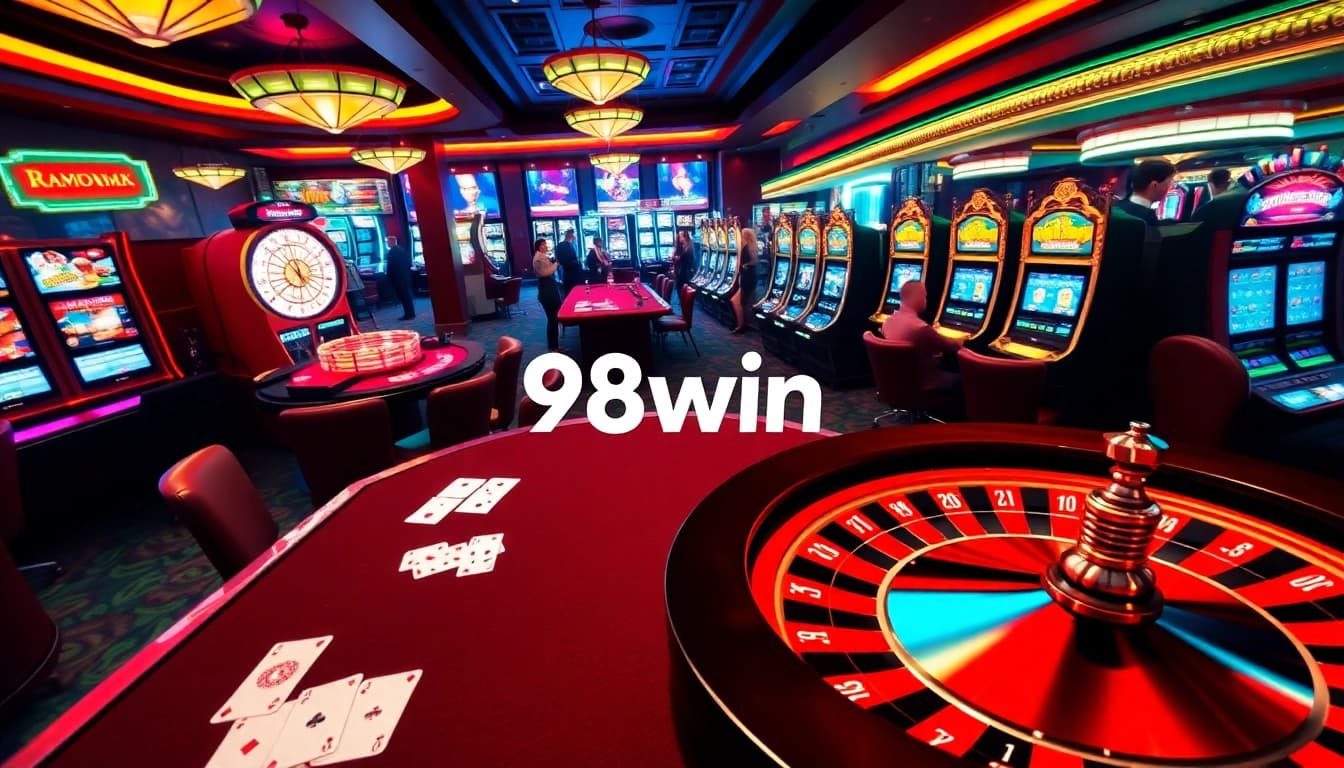 Experience thrilling excitement at 98win with vibrant casino games, poker chips, and slot machines.