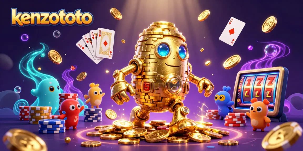 Experience thrilling wins with kenzototo in this vibrant 3D casino scene featuring slot symbols.