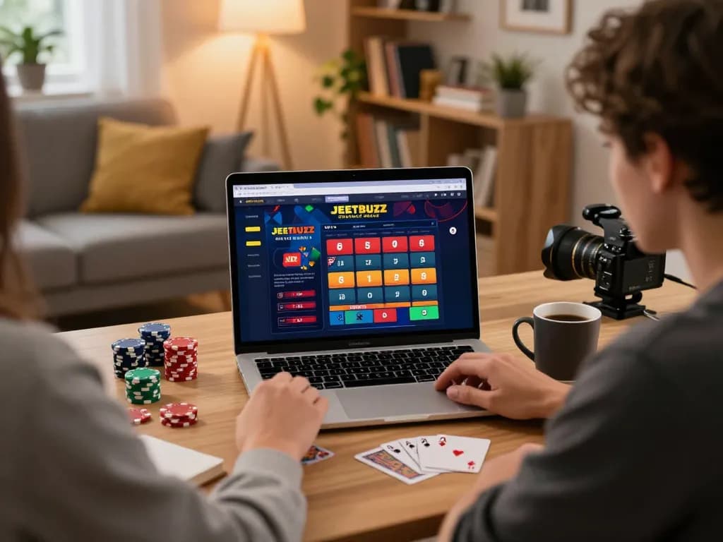 Engaging gaming session on Jeetbuzz online casino with user interacting on laptop in cozy home office