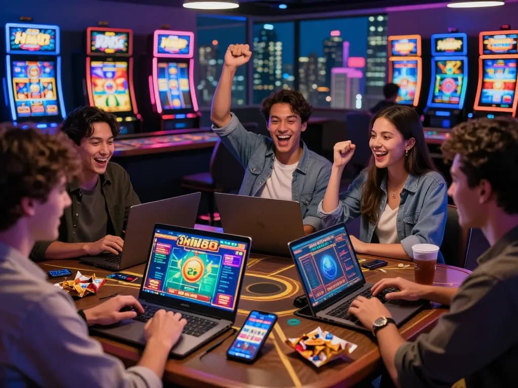 Friends enjoying a vibrant online gaming experience on HM88 platform, celebrating wins together in an energetic digital environment.
