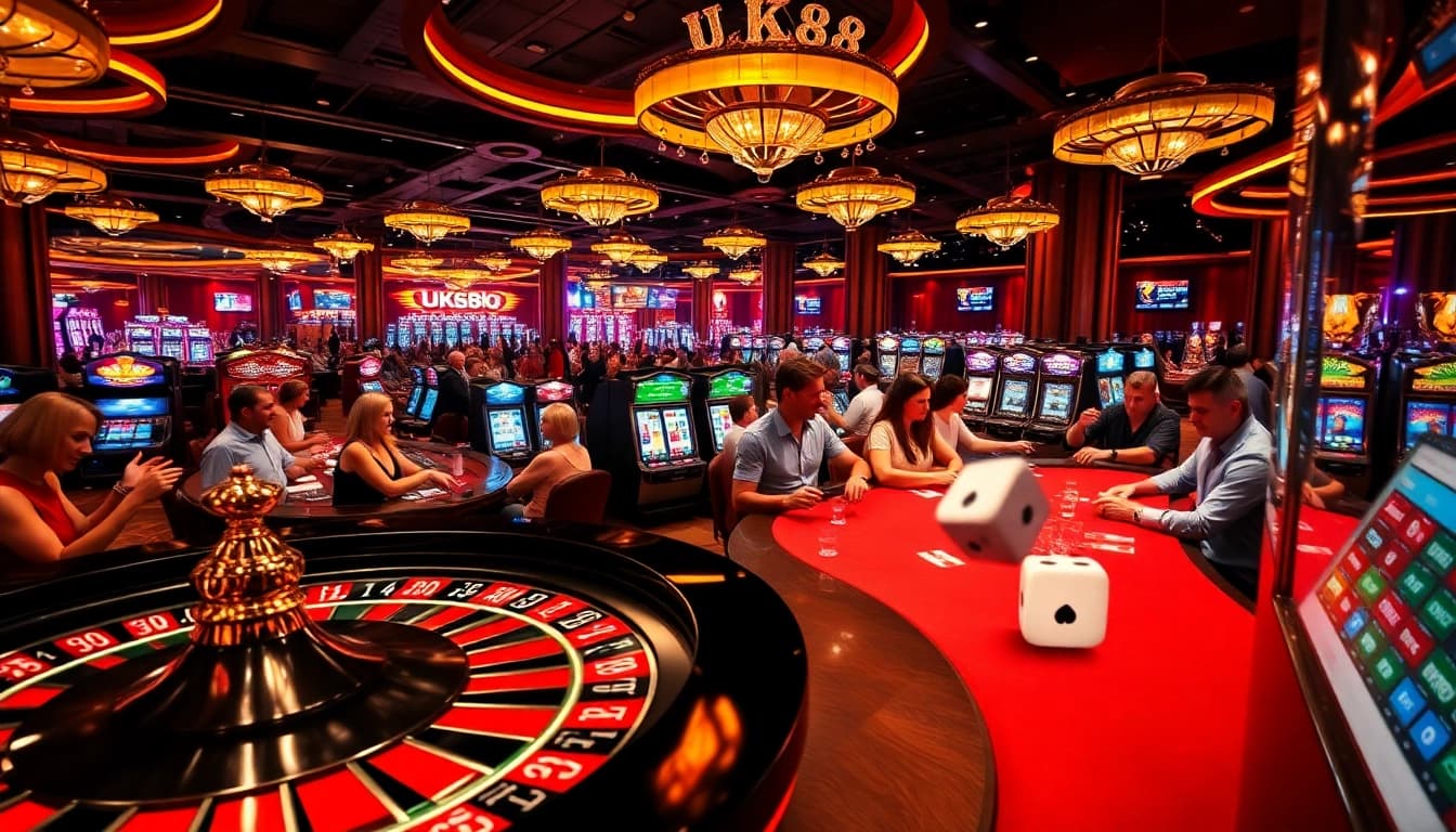 Players enjoying the excitement of UK88's vibrant casino atmosphere with roulette and poker tables.
