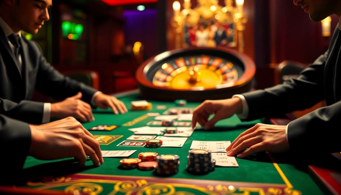 High-stakes lô đề uy tín gambling scene with players at an elegant table.