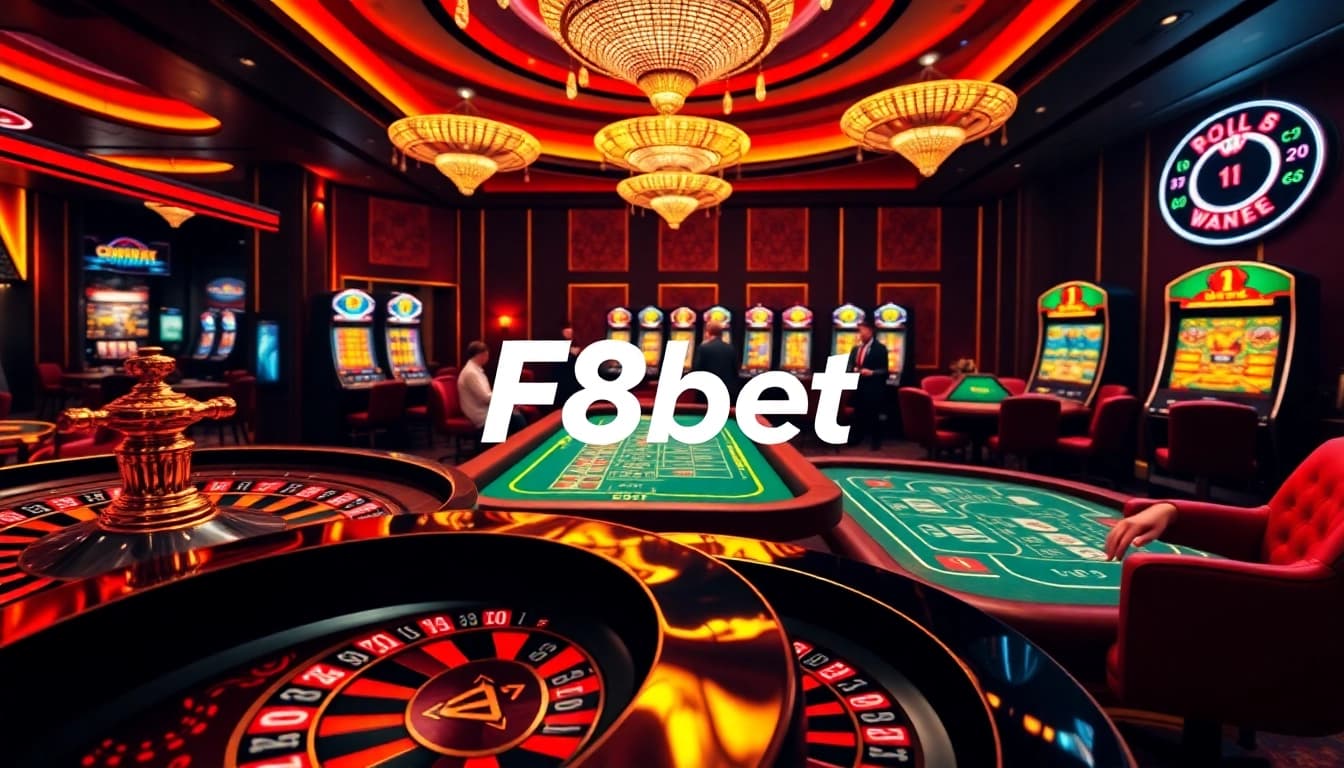 F8bet players enjoying a thrilling casino atmosphere with poker tables and slot machines.