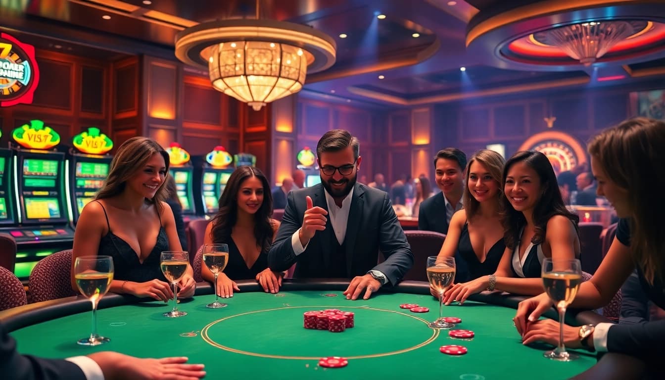 High-stakes poker action at a luxurious casino featuring f168-driven excitement and vibrant gaming elements.