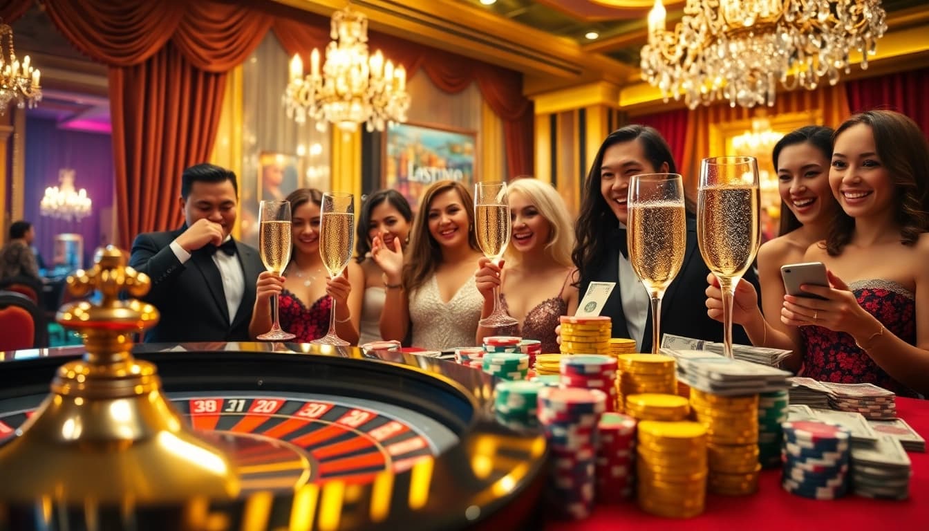 Explosion of a prize-winning lottery celebration at a glamorous casino with vibrant gamblers and luxury decor.