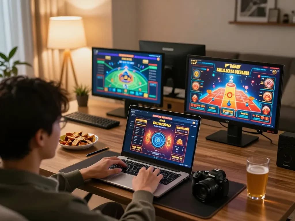 Engaging with F168 online casino from a cozy home setup, showcasing laptop gaming experience