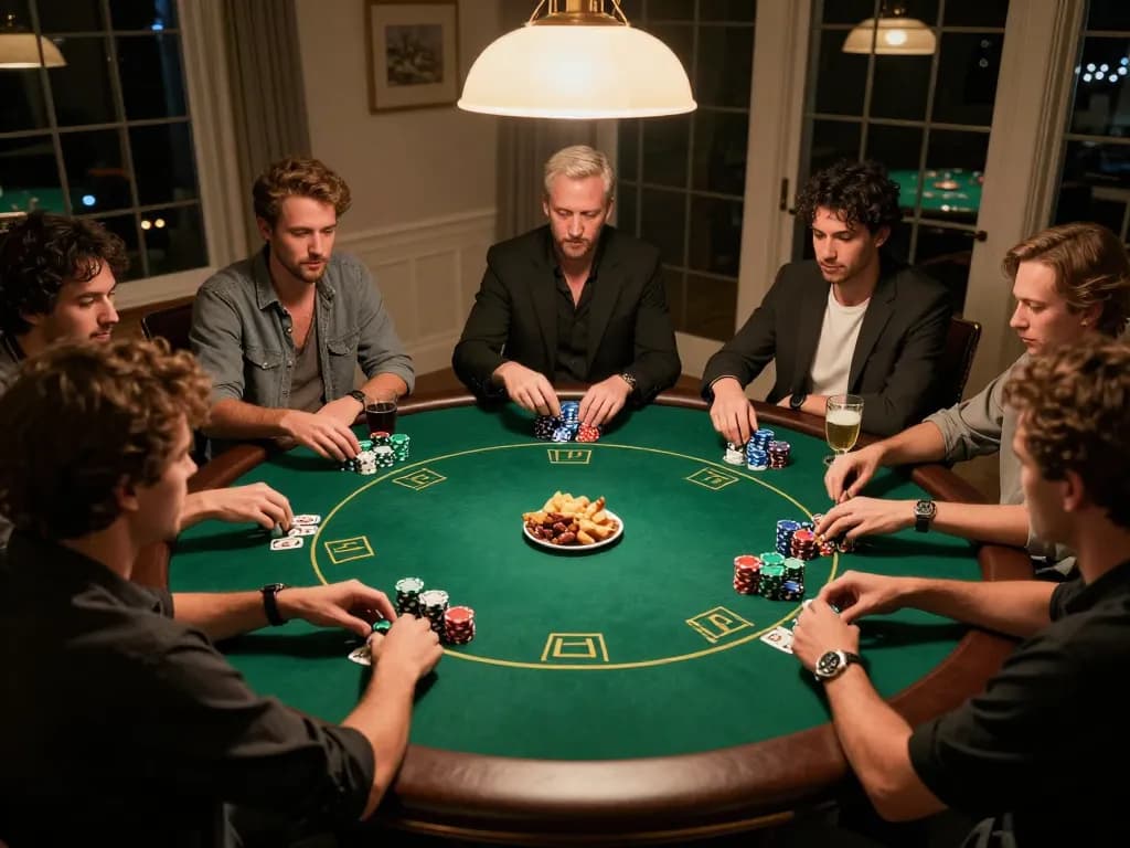 Players enjoy a vibrant poker game at home, showcasing 555win's competitive spirit among friends.