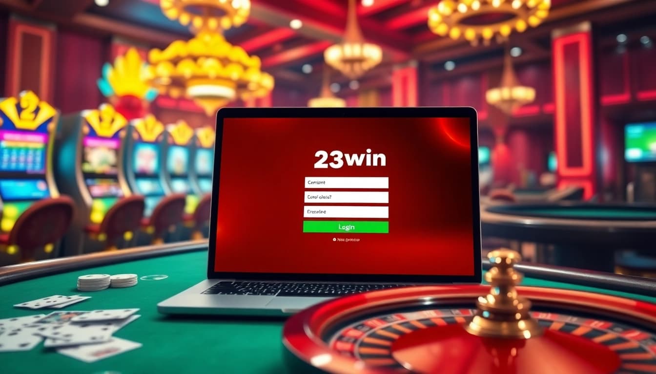 Experience the thrill of online gambling with 23win đăng nhập on a sleek casino interface featuring attractive slot machines and a vibrant roulette wheel.