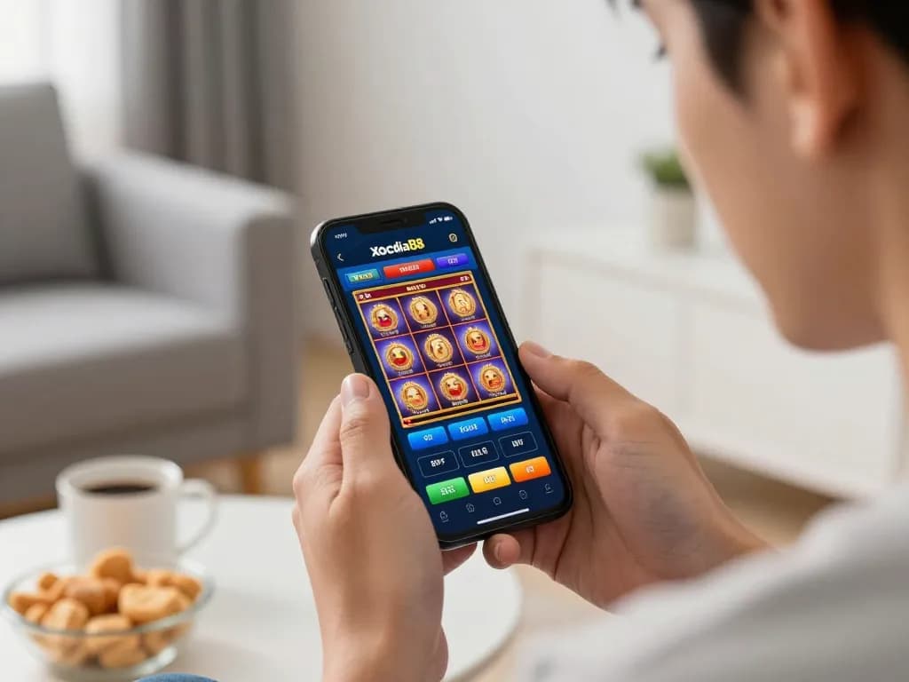 Xocdia88 player immersed in online betting experience, showcasing vibrant casino interface on mobile during a casual home session.