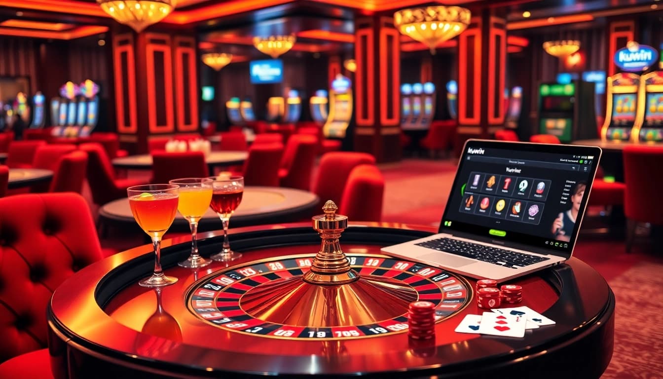 kuwin online casino featuring an elegant roulette table, colorful chips and cards.