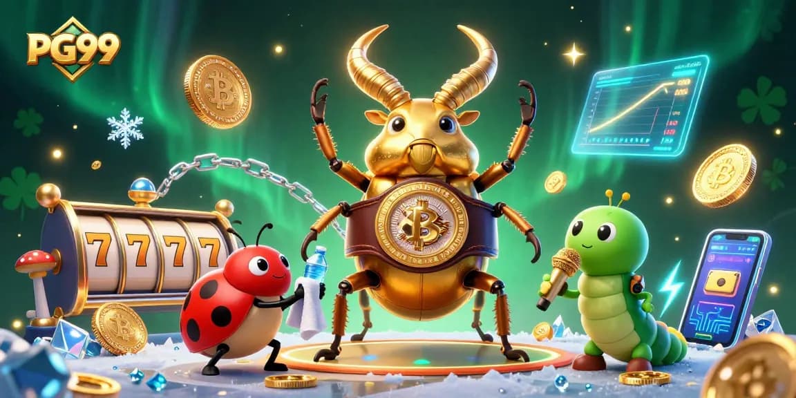 Engage in thrilling gameplay at PG99 with colorful slot reels, Bitcoin coins, and champions like golden beetle.