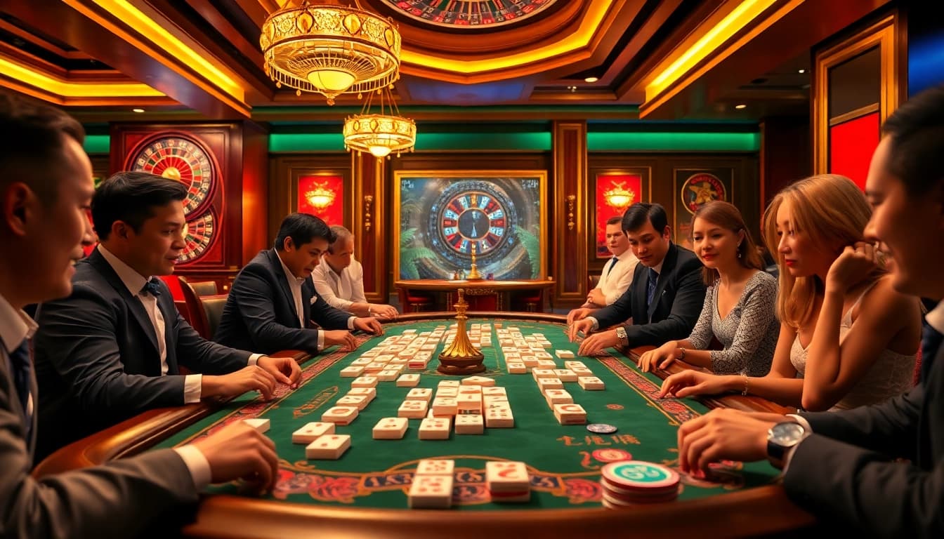 Pemain yang terlibat bersaing dalam permainan Mahjong di meja kasino yang penuh warna, menampilkan kegembiraan.