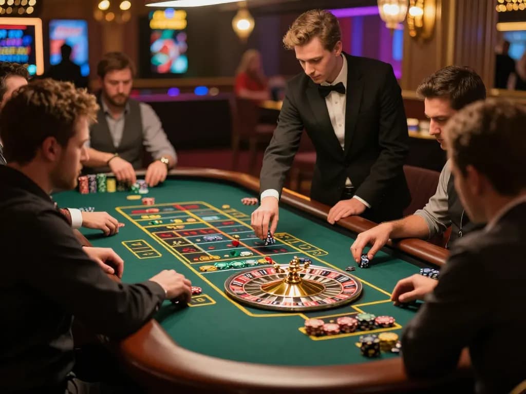 Engaging gamblers at a roulette table in a luxury casino setting, highlighting the action of placing bets in 2026's 링크모음.