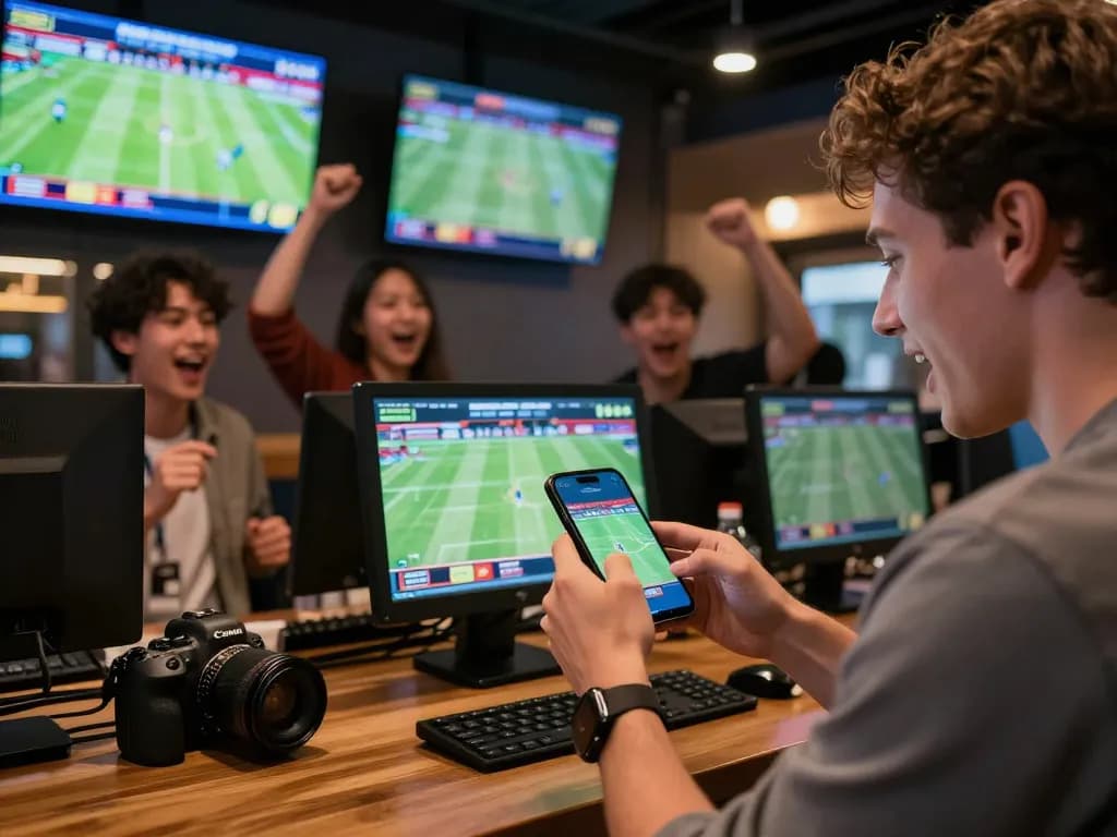 Toto8 link alternatif mobile betting experience with an exciting atmosphere in a sports bar.