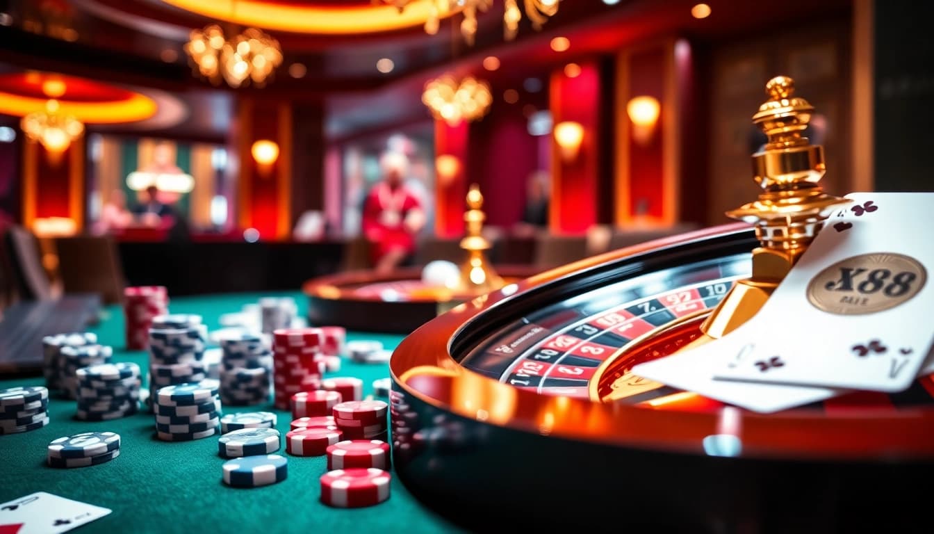 Experience the excitement at nhà cái XX88, featuring a vibrant gaming table and roulette wheel.