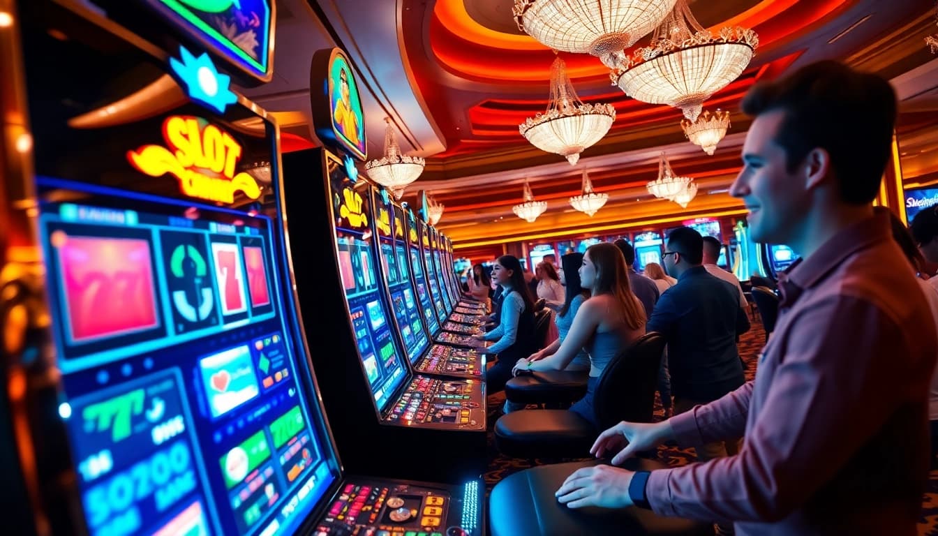 Players winning big on slot777 with vibrant casino slot machines and cheerful excitement.
