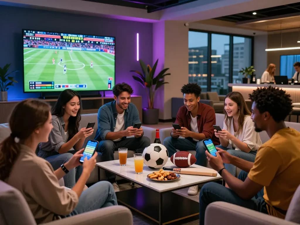 Sports betting South Africa friends enjoying live sports events in a modern lounge with drinks and excitement.