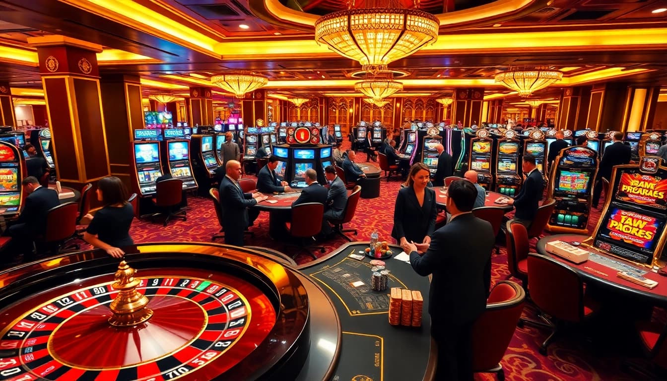 BJ88 players enjoying intense action at a vibrant casino table with roulette, cards, and colorful chips.