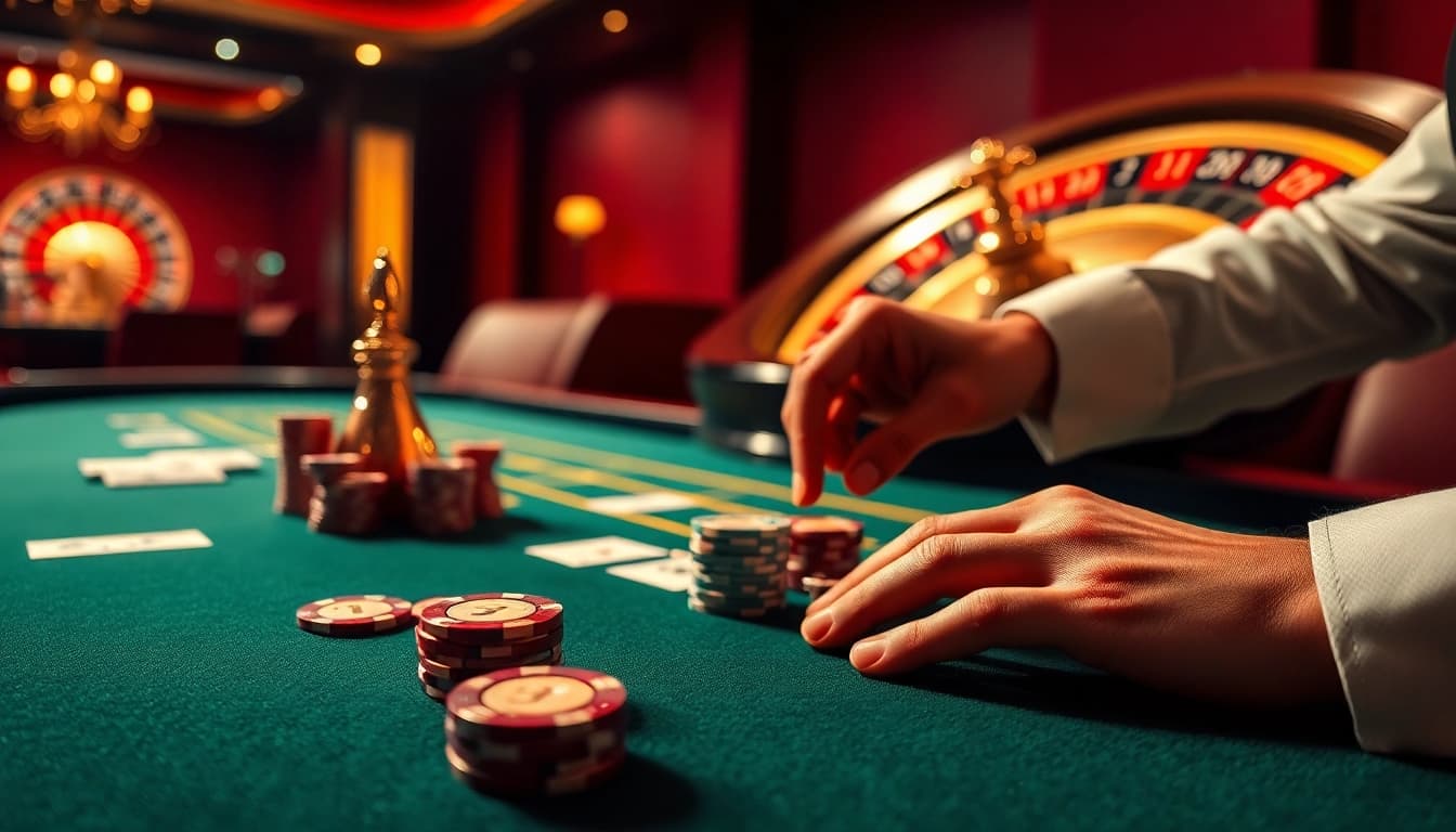 Excited player bets at a 13win poker table, showcasing a luxurious casino atmosphere.