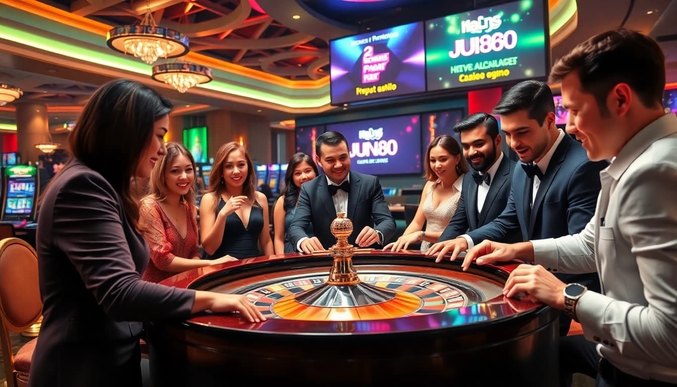 Players enjoying a thrilling roulette session at https://jun88app.app/ casino with vibrant atmosphere.