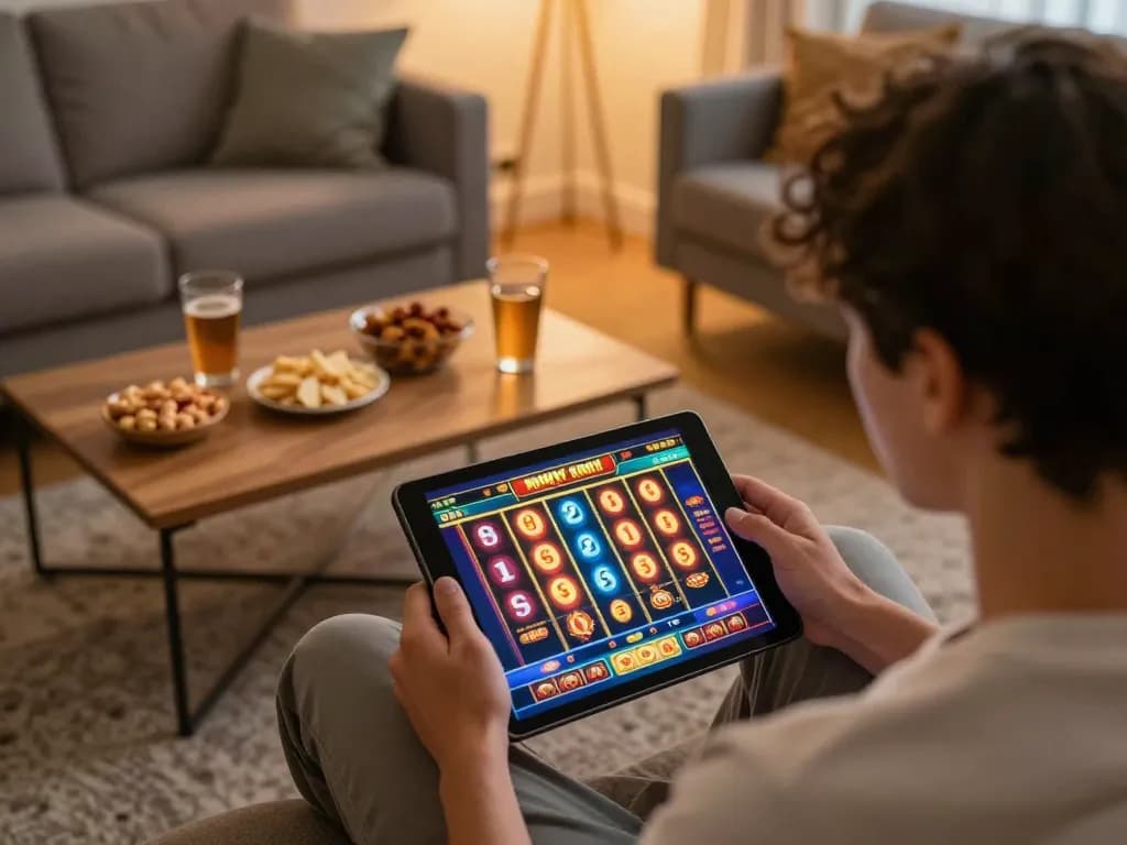 Open88 player enjoying slots on tablet in cozy home setting with engaging graphics.