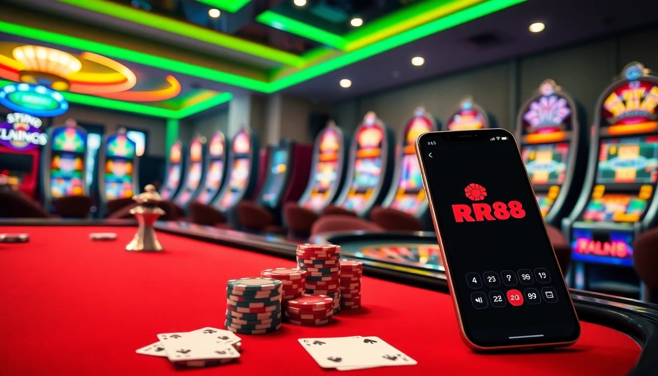 Experience the thrill of online gambling with RR88 at a vibrant casino table featuring cards and chips.