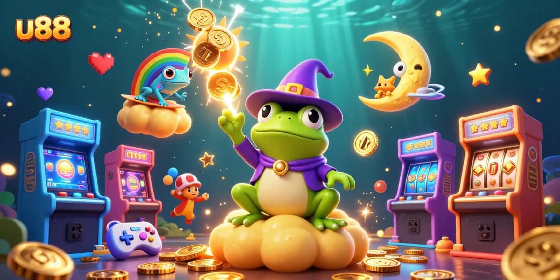 Play exciting games at u88 with colorful 3D characters creating a golden coin storm in a casino setting.
