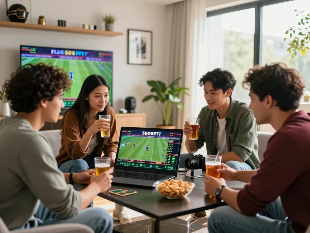 SBOBET live sports betting scene with friends analyzing game stats, showcasing excitement and social interaction in a vibrant environment.