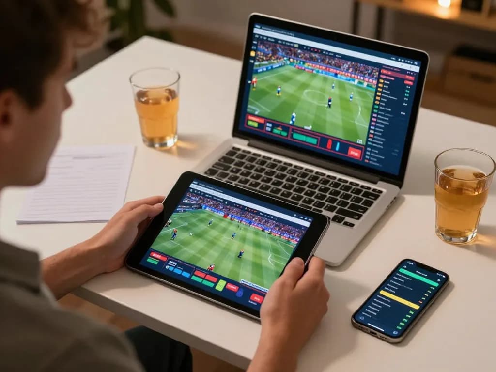 Soi Kèo sports betting scene with player using tablet for live odds and analysis in cozy atmosphere