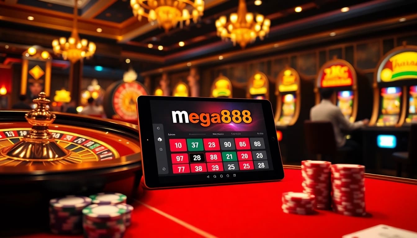 Experience the excitement of mega888 apk with a sleek online casino ambiance featuring vibrant slot machines and a roulette wheel.