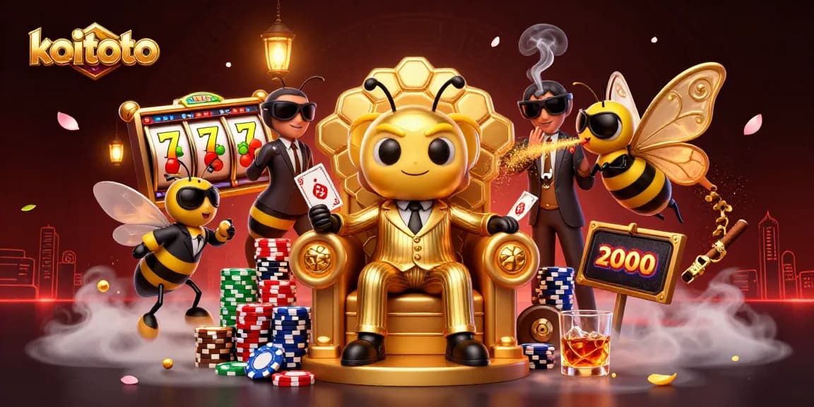 Koitoto offers a winning experience with slot reels and vibrant game elements around a charming mob boss scene.