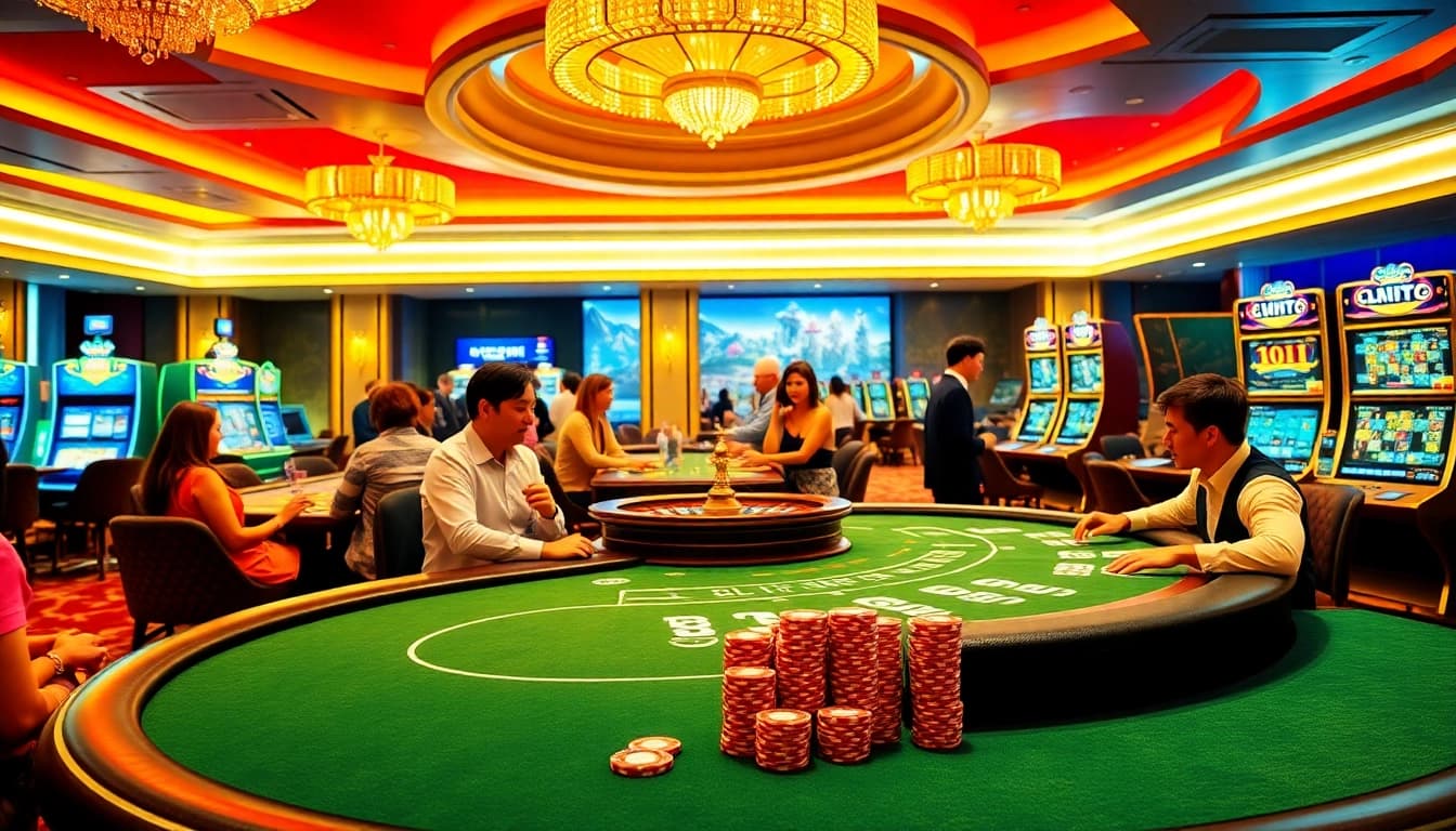 W88 players betting at a vibrant casino table with chips and cards.