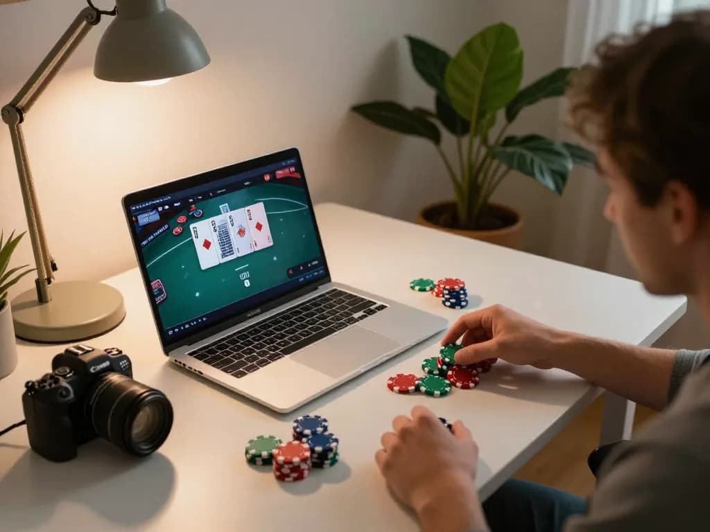 MM88 player strategizing during an online poker session at home with vibrant chips and cards.