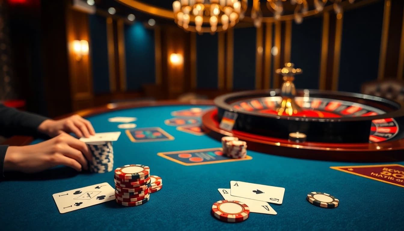 Experience high-stakes poker with BDTK1 chips and cards in a vibrant casino setting.