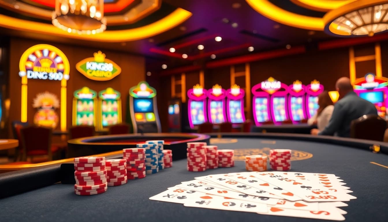 Players enjoying gambling at King88-themed casino with vibrant slot machines and poker chips.
