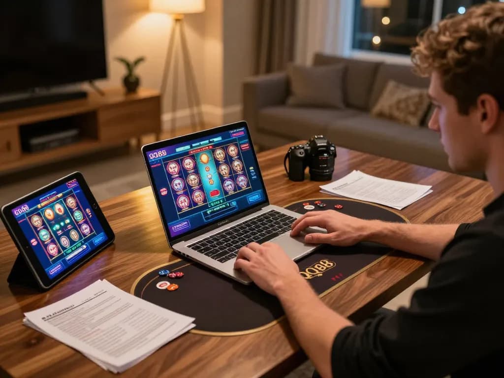 Engaging in QQ88 online casino games with strategic notes and vibrant slot interfaces