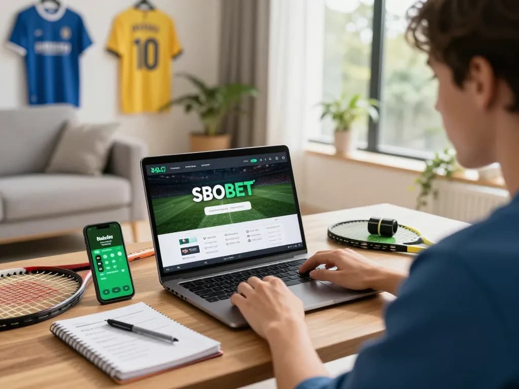 SBOBET user engaging in live sports betting at home with laptop and sports gear.