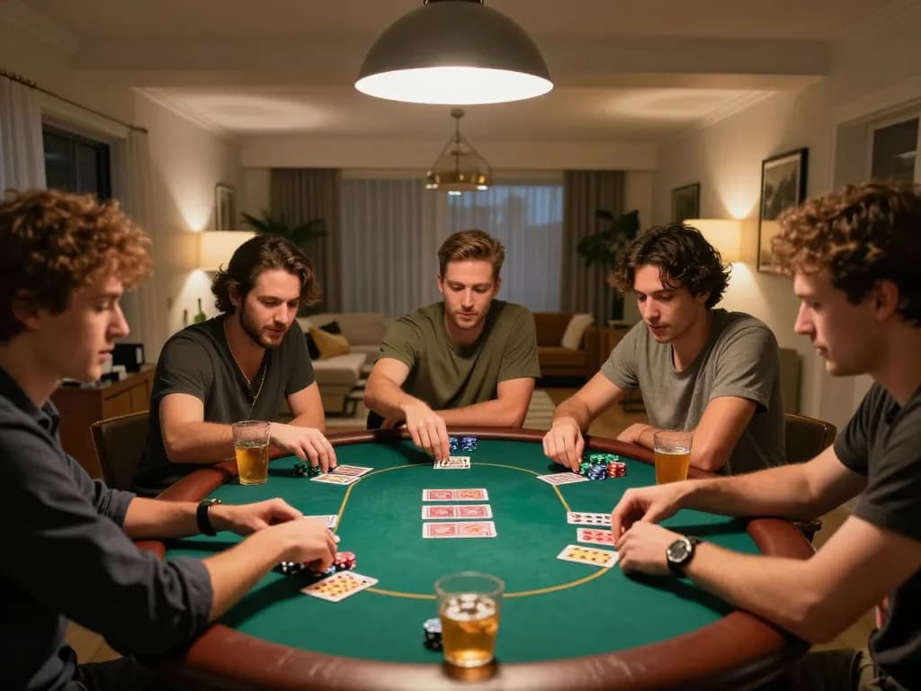 Friends engaged in a lively poker game at home, enjoying strategic gameplay with megaplus88.