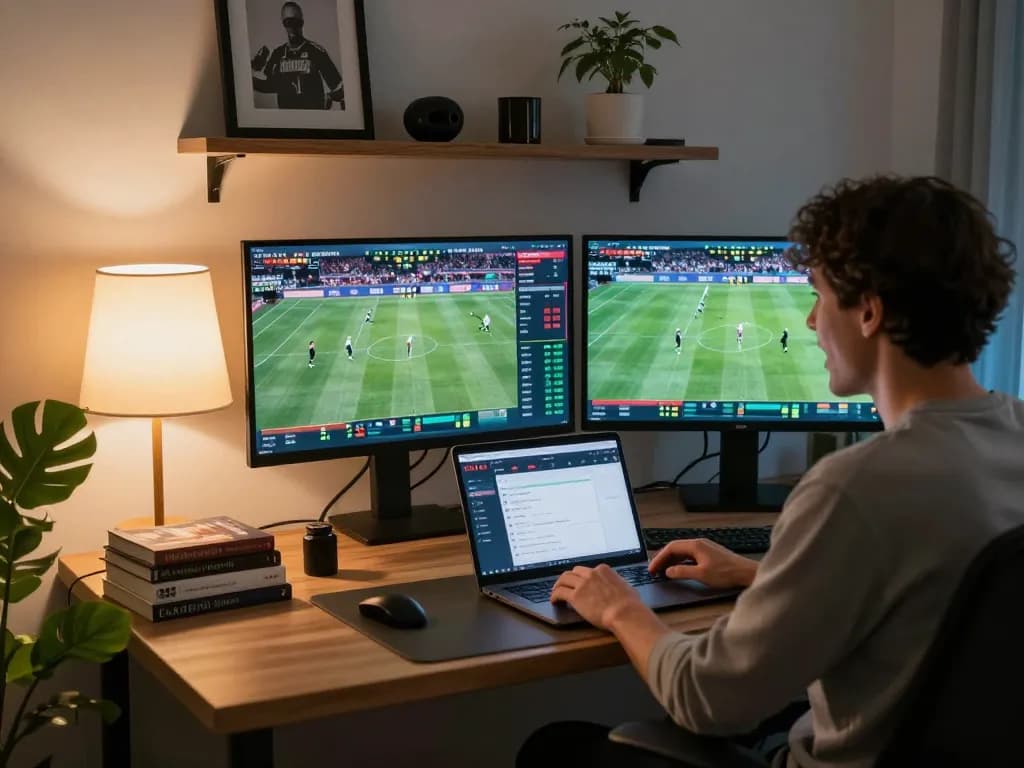 Engage in đăng ký mu88 with an exciting online sports betting scene featuring live game stats and joyful player.