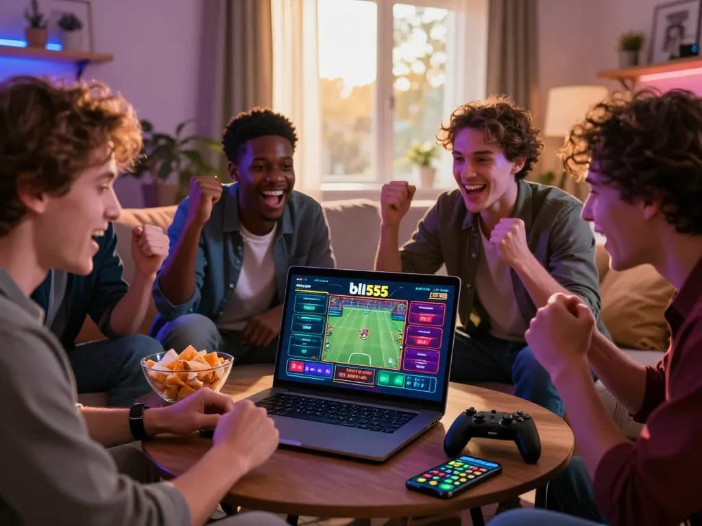 Friends enjoying a live betting experience on bl555, surrounded by snacks and electronics in a bright, inviting living room.