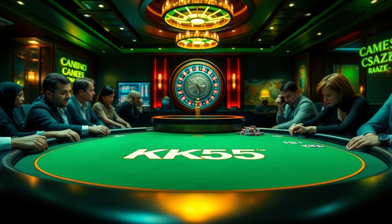Exciting gambling scene at KK55 casino with intense poker game and luxury elements.