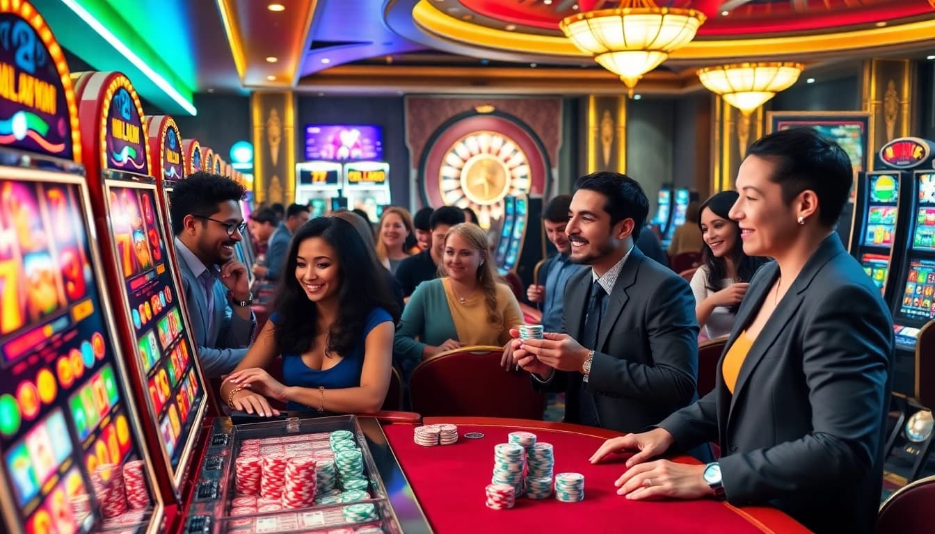 Players enjoying vibrant slot gacor machines at a luxurious casino, celebrating wins with poker chips.