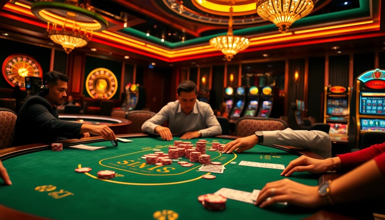 SODO players strategizing at a luxurious poker table, showcasing chips and cards in action.