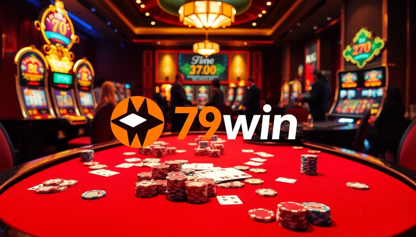 Excitement in a 79win casino scene featuring vibrant poker tables and slot machines.