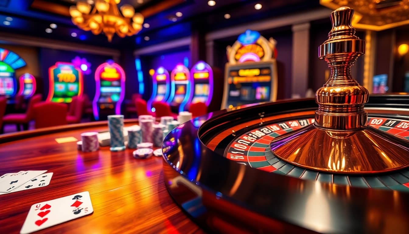 Engage in thrilling gameplay at Xin88 with vibrant poker chips and an elegant roulette wheel.