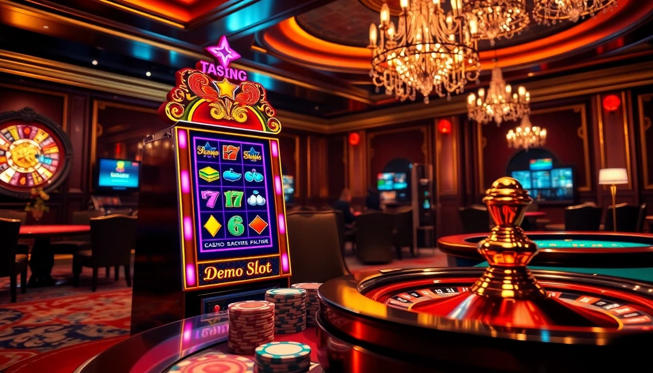 Engaging view of a demo slot machine in a luxurious casino setup with vibrant themes and gaming elements.