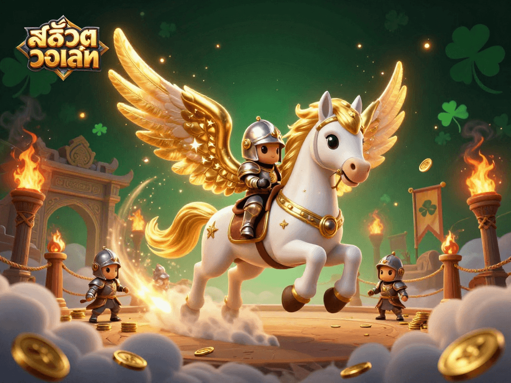 Spin the reels at สล็อตวอเลท with a celestial horse and knight in an immersive casino fantasy scene.